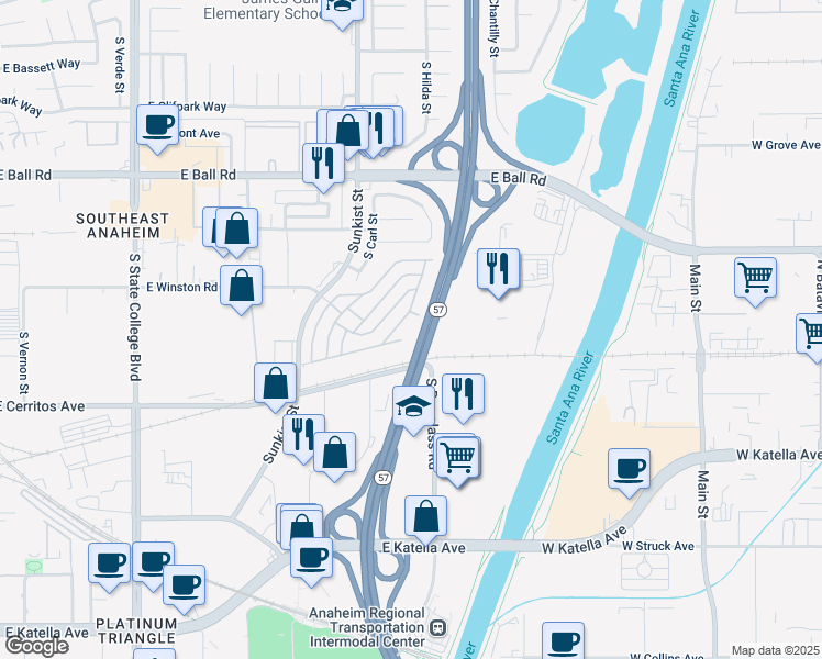 map of restaurants, bars, coffee shops, grocery stores, and more near 1400 Sunkist Street in Anaheim