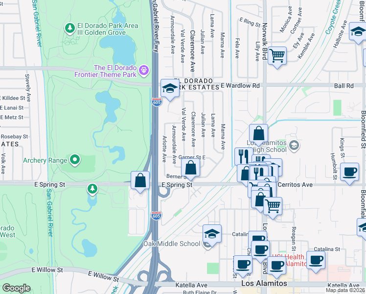 map of restaurants, bars, coffee shops, grocery stores, and more near 3121 Val Verde Ave in Long Beach