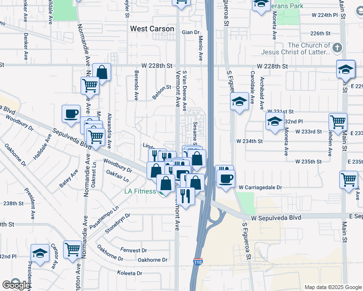 map of restaurants, bars, coffee shops, grocery stores, and more near 23316 South Vermont Avenue in Torrance