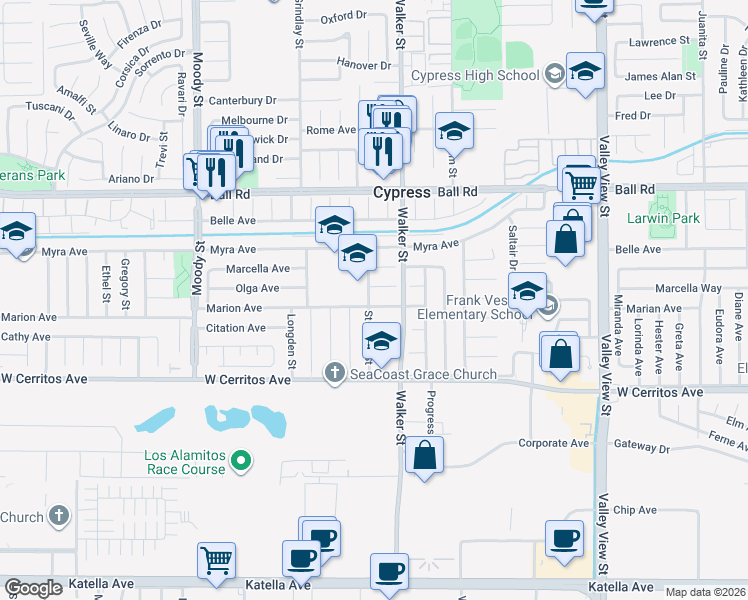 map of restaurants, bars, coffee shops, grocery stores, and more near 5431 Marion Avenue in Cypress