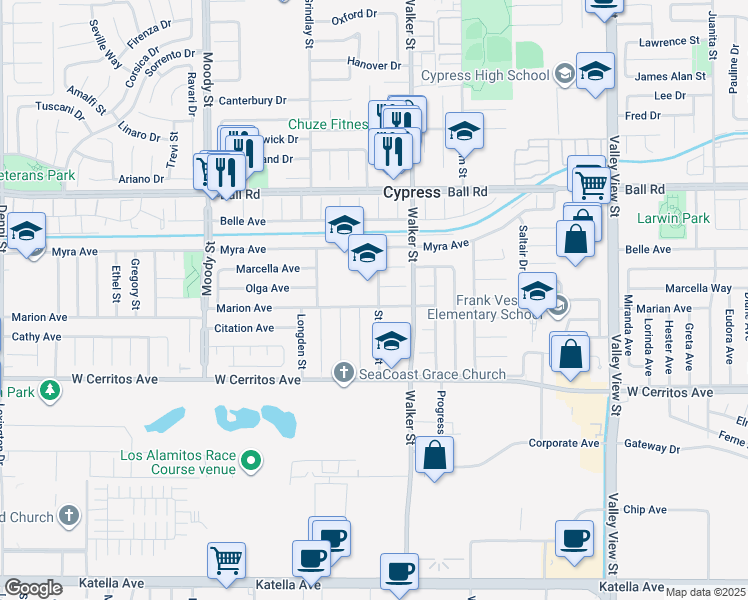 map of restaurants, bars, coffee shops, grocery stores, and more near 5411 Marion Avenue in Cypress