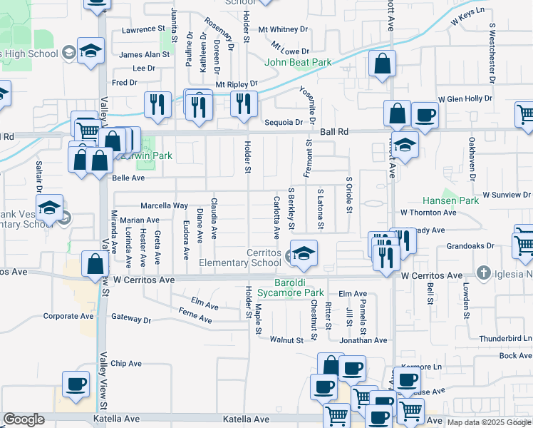 map of restaurants, bars, coffee shops, grocery stores, and more near 6551 Constance Circle in Buena Park