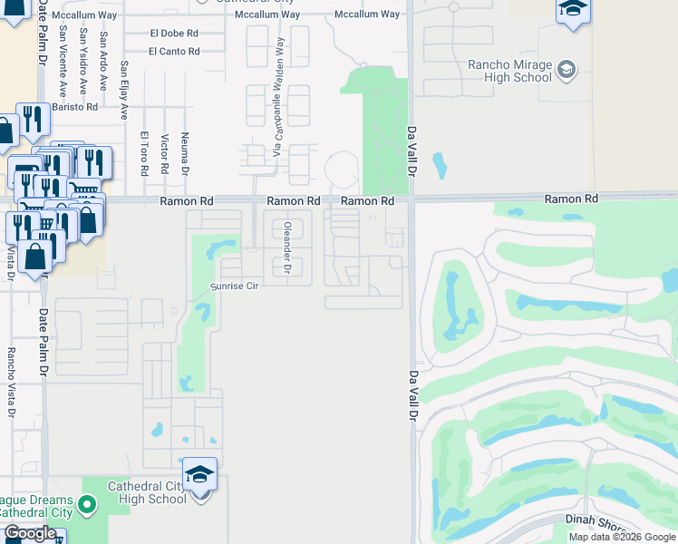 map of restaurants, bars, coffee shops, grocery stores, and more near 69801 Ramon Road in Cathedral City