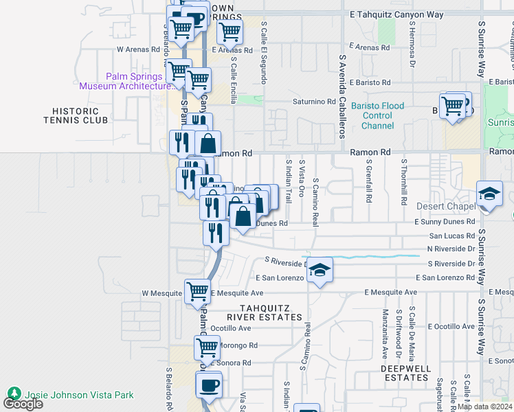map of restaurants, bars, coffee shops, grocery stores, and more near 605 Calle Roca in Palm Springs