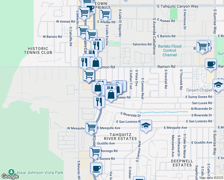 map of restaurants, bars, coffee shops, grocery stores, and more near 605 Calle Roca in Palm Springs