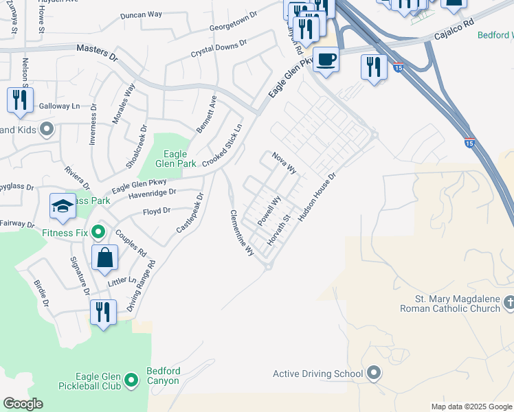 map of restaurants, bars, coffee shops, grocery stores, and more near 4161 Eagle Glen Parkway in Corona