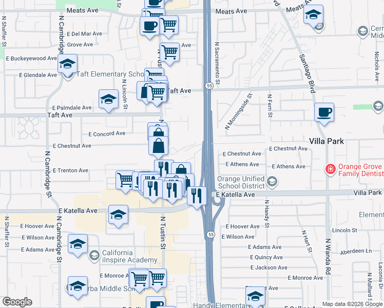 map of restaurants, bars, coffee shops, grocery stores, and more near 1843 East Chestnut Avenue in Orange