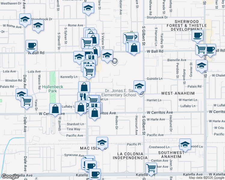 map of restaurants, bars, coffee shops, grocery stores, and more near 2487 West Chanticleer Road in Anaheim