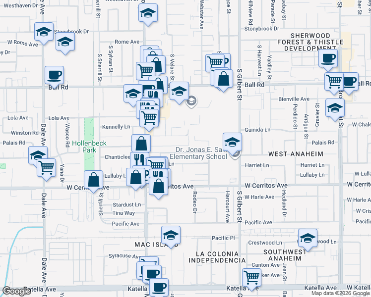 map of restaurants, bars, coffee shops, grocery stores, and more near 2487 West Chanticleer Road in Anaheim