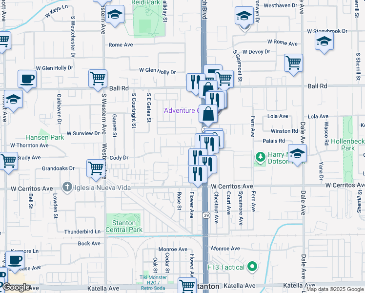 map of restaurants, bars, coffee shops, grocery stores, and more near 7912 2nd Street in Stanton