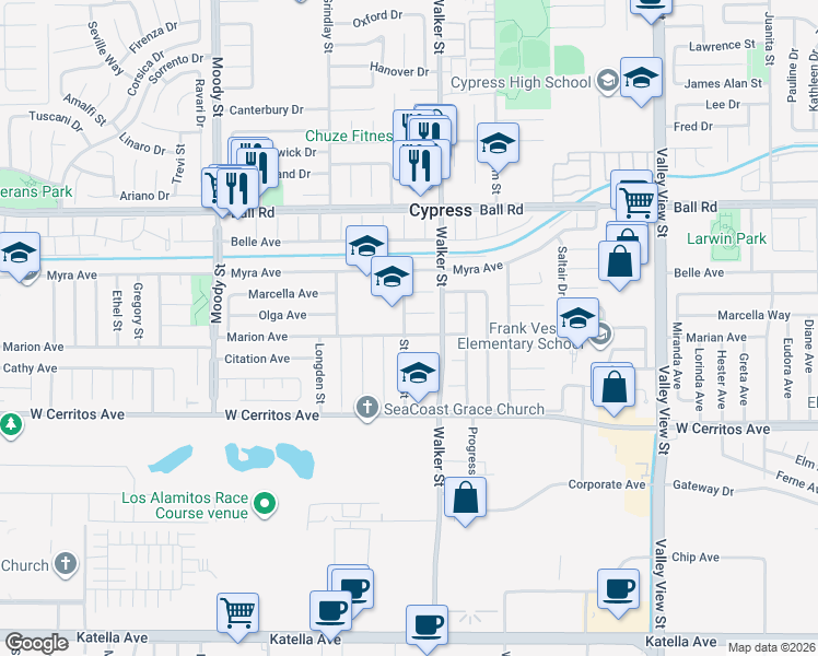 map of restaurants, bars, coffee shops, grocery stores, and more near 5431 Marion Avenue in Cypress