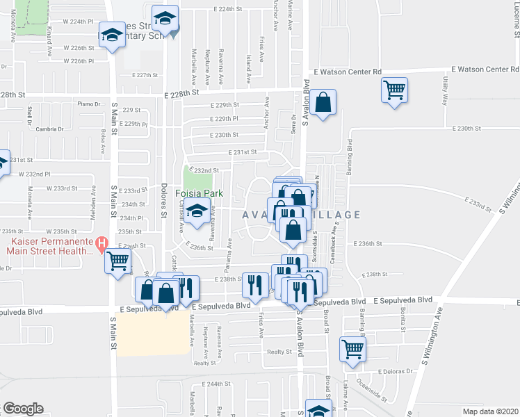 map of restaurants, bars, coffee shops, grocery stores, and more near 23 Anchor Avenue in Carson