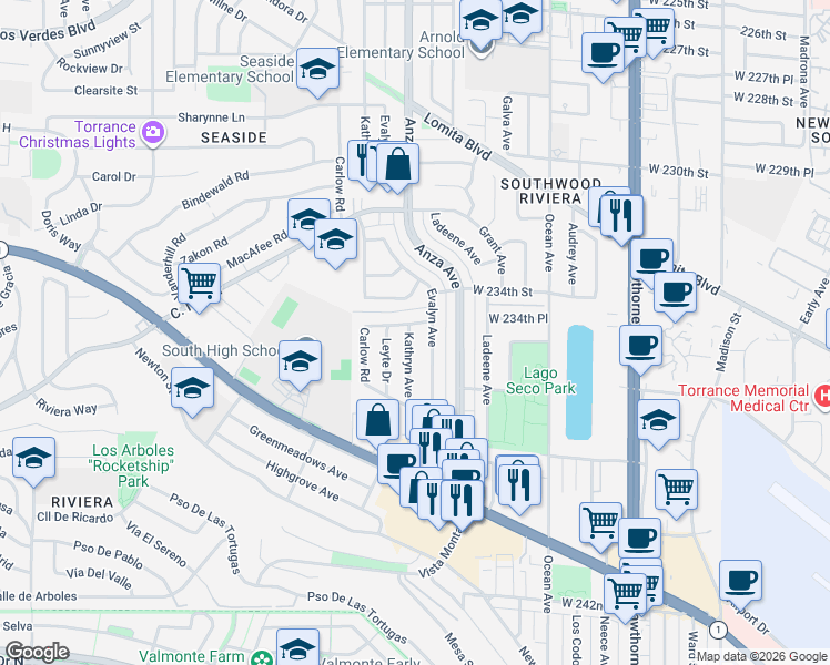 map of restaurants, bars, coffee shops, grocery stores, and more near 23449 Evalyn Avenue in Torrance