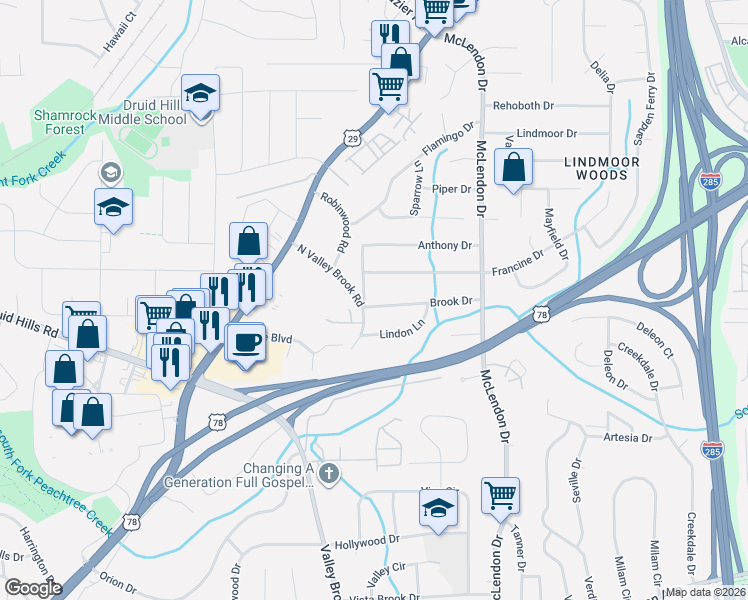 map of restaurants, bars, coffee shops, grocery stores, and more near 3020 Brook Drive in Decatur