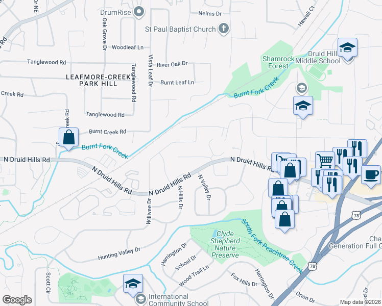 map of restaurants, bars, coffee shops, grocery stores, and more near 2508 Asbury Court in Decatur