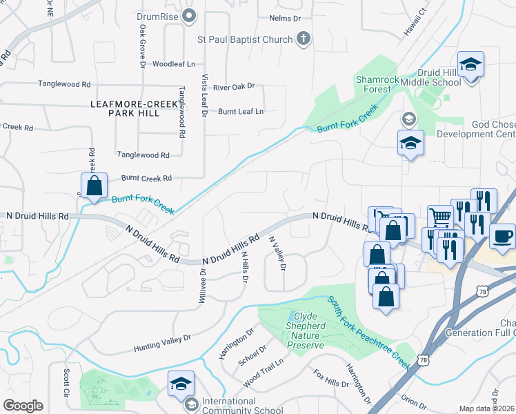map of restaurants, bars, coffee shops, grocery stores, and more near 2508 Asbury Court in Decatur