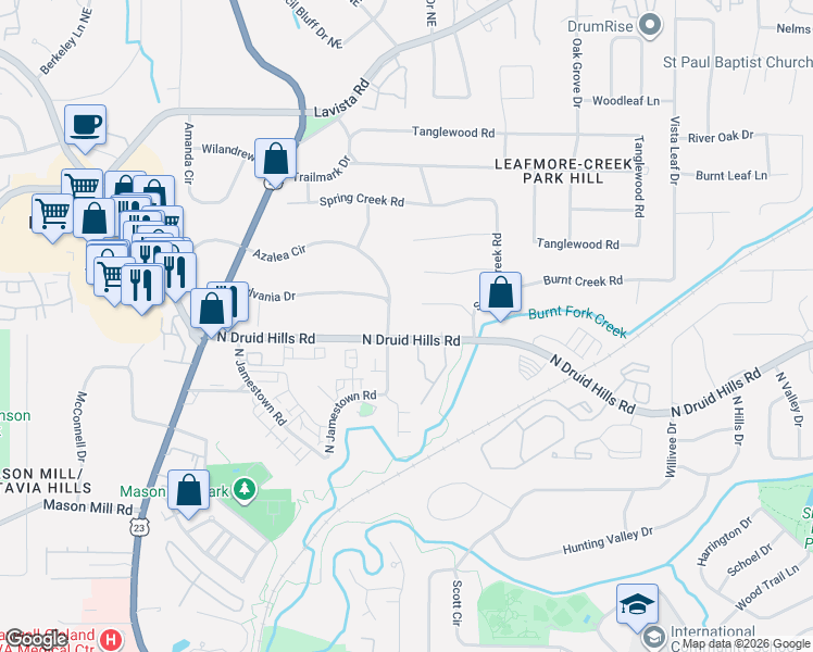 map of restaurants, bars, coffee shops, grocery stores, and more near 3240 North Druid Hills Road Northeast in Decatur
