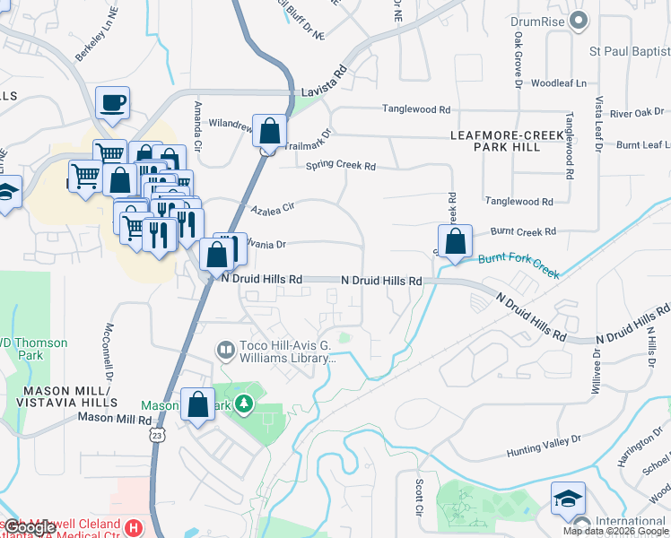 map of restaurants, bars, coffee shops, grocery stores, and more near 3194 North Druid Hills Road in Decatur