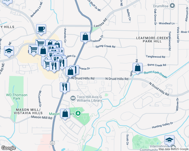 map of restaurants, bars, coffee shops, grocery stores, and more near 3154 North Druid Hills Road in Decatur