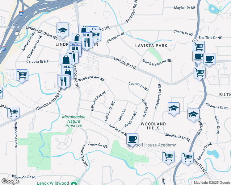 map of restaurants, bars, coffee shops, grocery stores, and more near 1274 Woodland Avenue Northeast in Atlanta