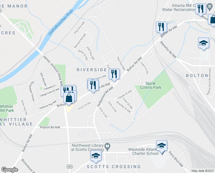 map of restaurants, bars, coffee shops, grocery stores, and more near 2127 Bolton Road Northwest in Atlanta