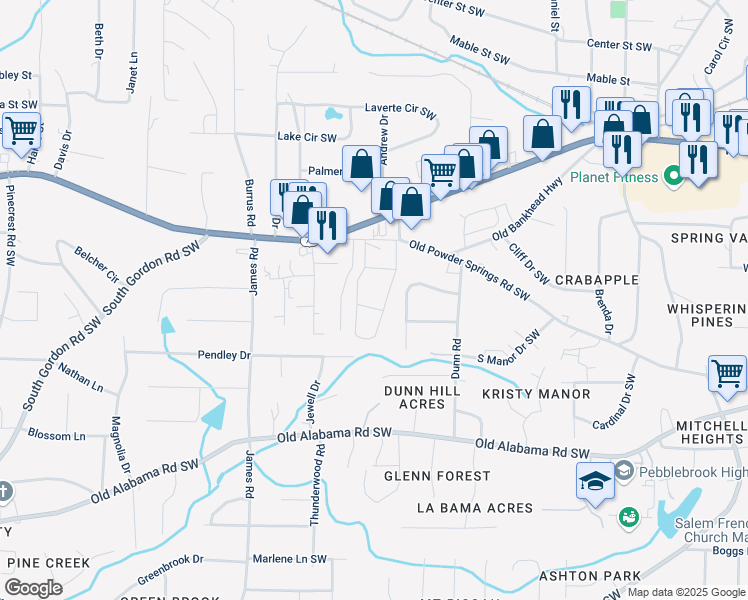 map of restaurants, bars, coffee shops, grocery stores, and more near 1291 Old Powder Springs Road Southwest in Mableton