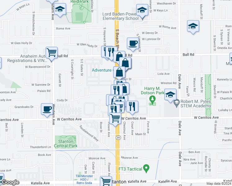 map of restaurants, bars, coffee shops, grocery stores, and more near 10532 2nd Street in Stanton