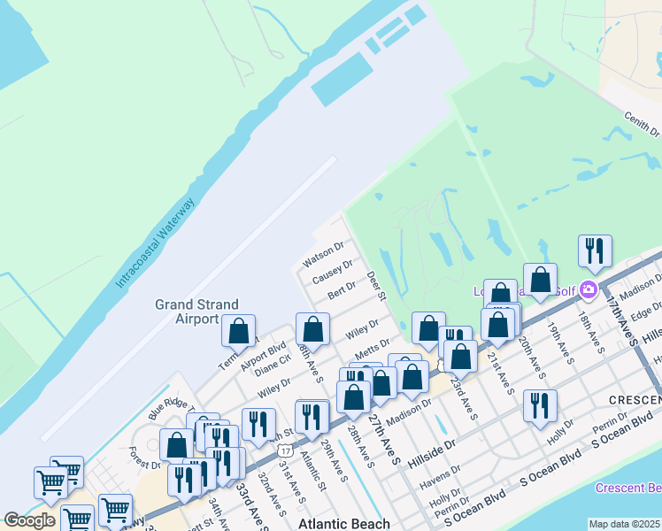 map of restaurants, bars, coffee shops, grocery stores, and more near 2410 Causey Drive in North Myrtle Beach