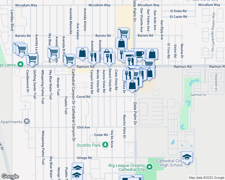 map of restaurants, bars, coffee shops, grocery stores, and more near 32400 Desert Vista Road in Cathedral City