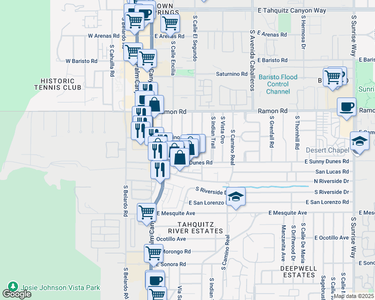 map of restaurants, bars, coffee shops, grocery stores, and more near 605 Calle Roca in Palm Springs