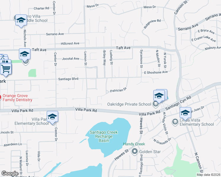 map of restaurants, bars, coffee shops, grocery stores, and more near 18731 Patrician Drive in Villa Park