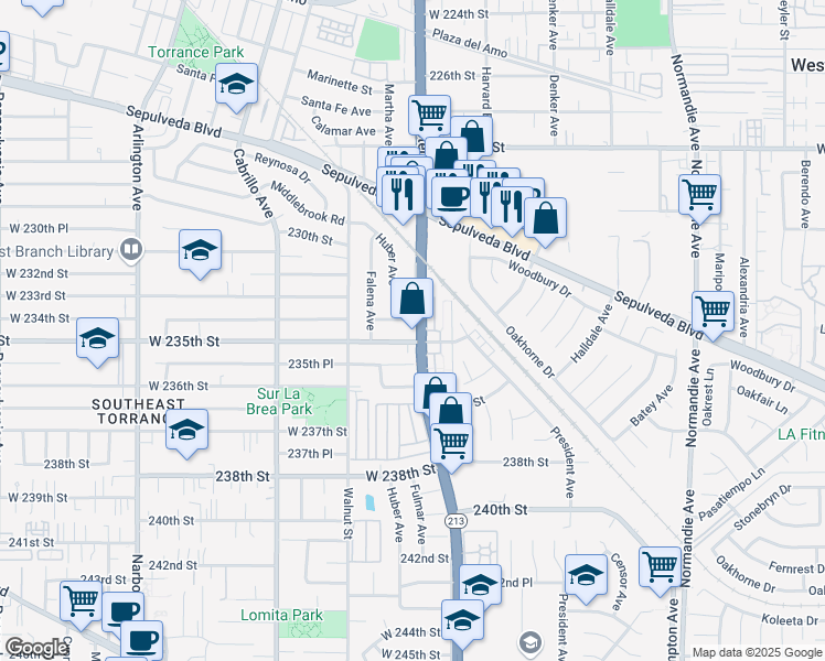 map of restaurants, bars, coffee shops, grocery stores, and more near 1711 West 235th Street in Torrance