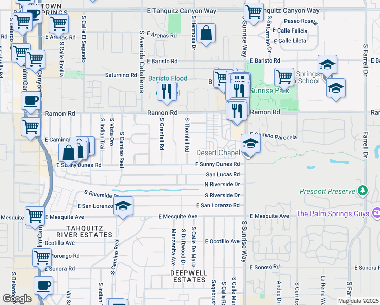 map of restaurants, bars, coffee shops, grocery stores, and more near 678 South Thornhill Road in Palm Springs