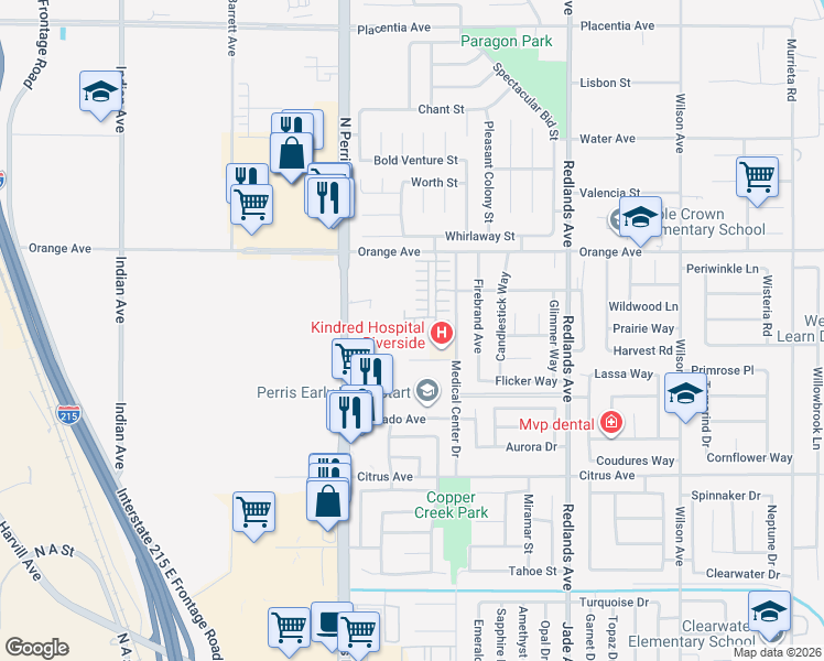 map of restaurants, bars, coffee shops, grocery stores, and more near 2248 Ridge Court in Perris