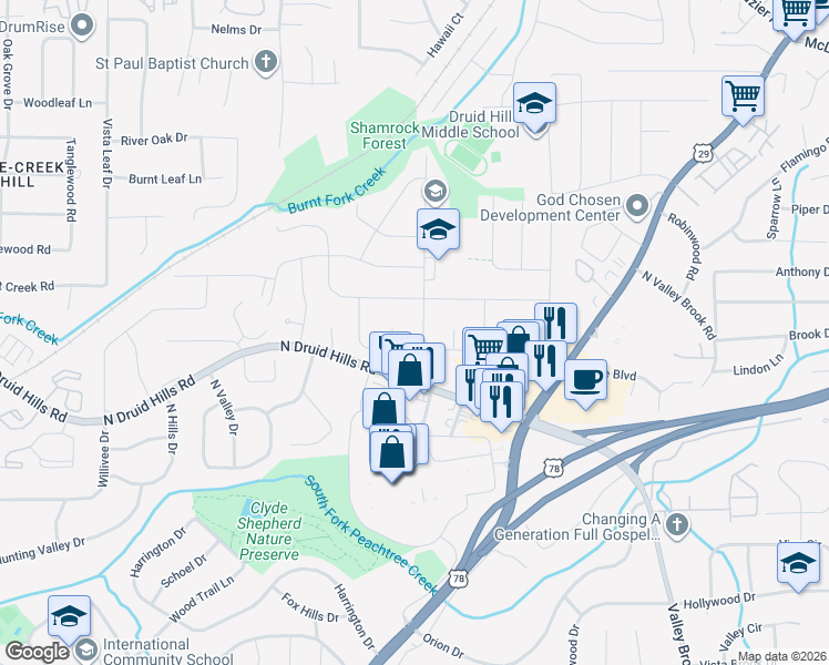 map of restaurants, bars, coffee shops, grocery stores, and more near 1162 Balsam Drive in Decatur