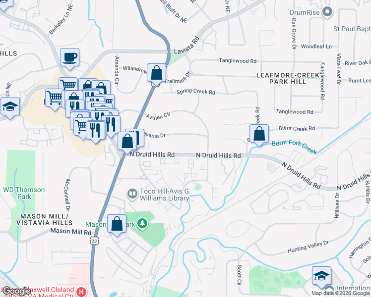 map of restaurants, bars, coffee shops, grocery stores, and more near 3170 North Druid Hills Road Northeast in Decatur
