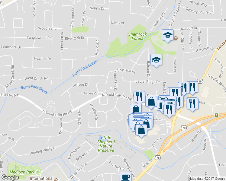 map of restaurants, bars, coffee shops, grocery stores, and more near 2633 Anastasia Cove in Decatur