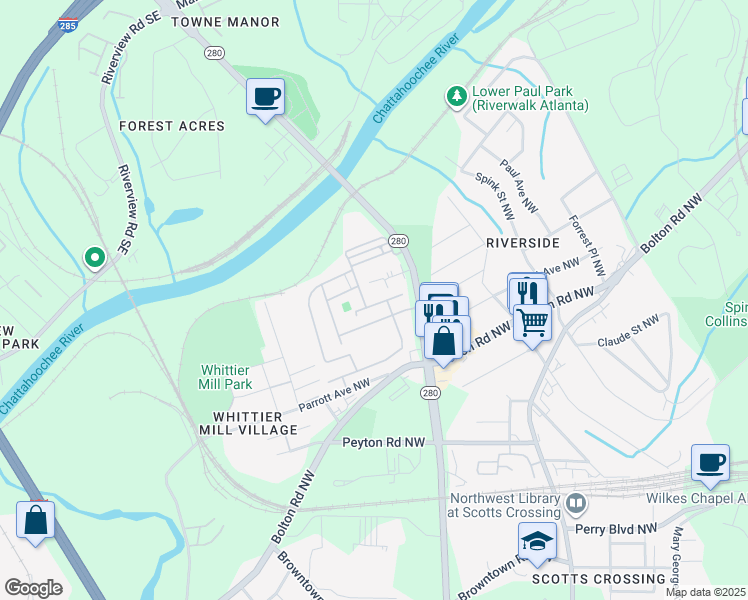 map of restaurants, bars, coffee shops, grocery stores, and more near 2076 Callaway Court in Atlanta