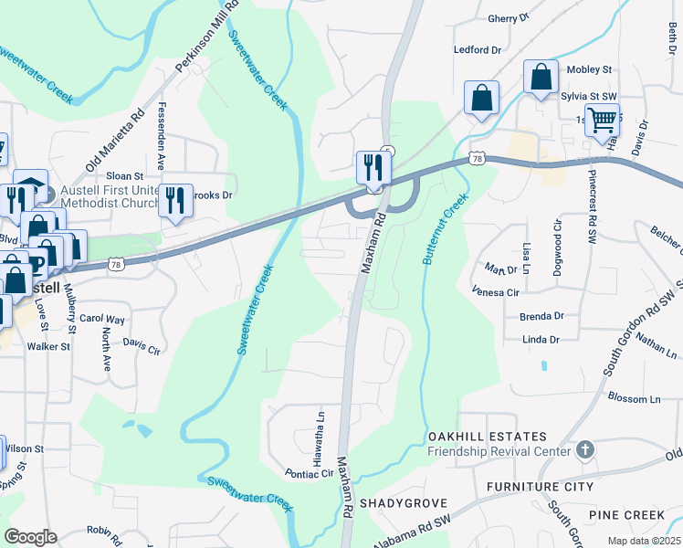 map of restaurants, bars, coffee shops, grocery stores, and more near Creekside Overlook Way in Austell