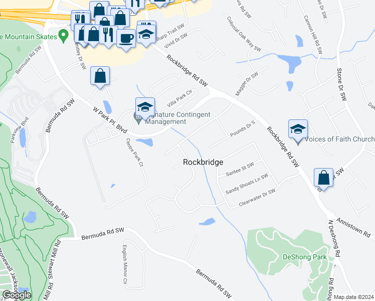 map of restaurants, bars, coffee shops, grocery stores, and more near 2352 Rockwood Way Southwest in Stone Mountain