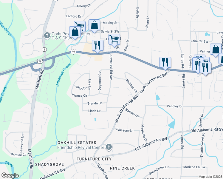 map of restaurants, bars, coffee shops, grocery stores, and more near 1885 Drew Circle in Austell