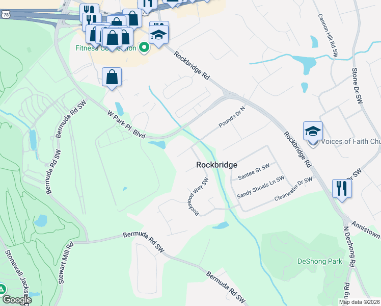 map of restaurants, bars, coffee shops, grocery stores, and more near 5354 Pounds Drive North in Stone Mountain