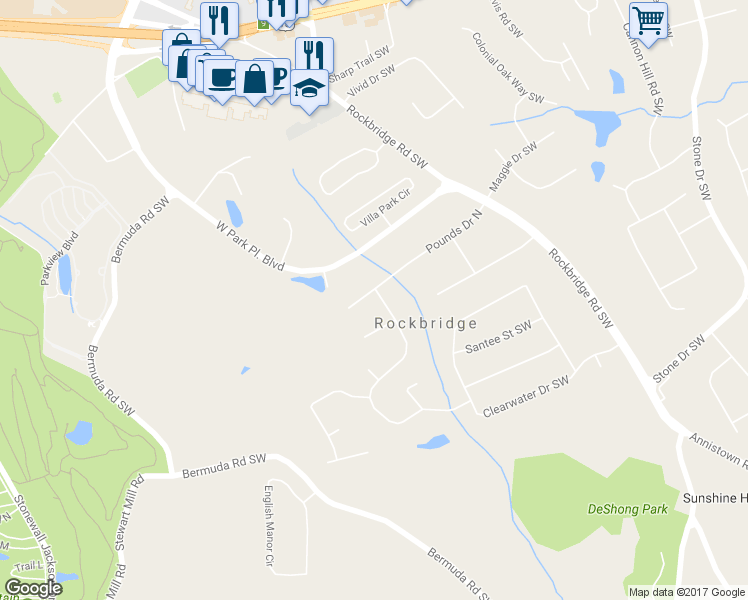 map of restaurants, bars, coffee shops, grocery stores, and more near 5354 Pounds Drive North in Stone Mountain
