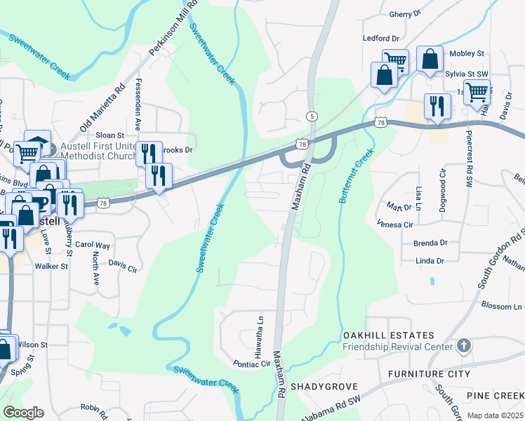 map of restaurants, bars, coffee shops, grocery stores, and more near 3038 Creekside Overlook Way in Austell