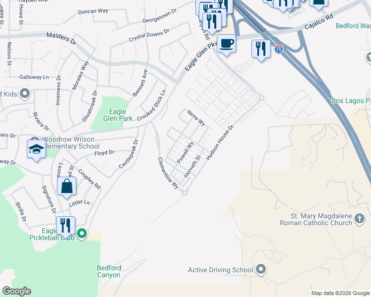 map of restaurants, bars, coffee shops, grocery stores, and more near 4171 Powell Way in Corona
