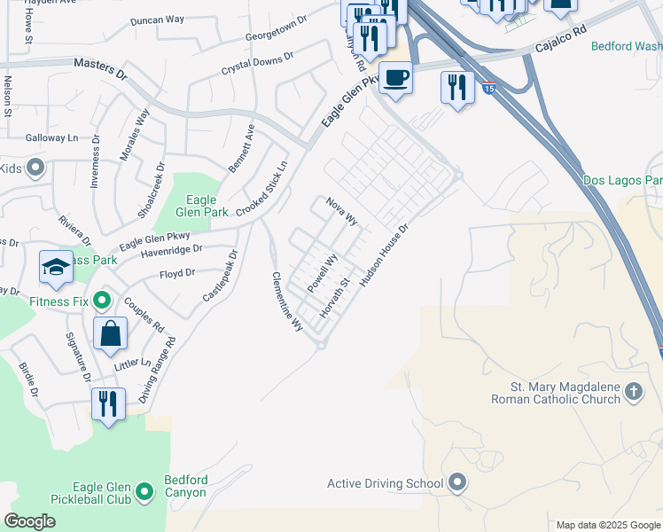 map of restaurants, bars, coffee shops, grocery stores, and more near 4171 Powell Way in Corona