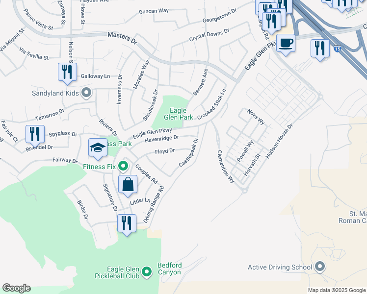 map of restaurants, bars, coffee shops, grocery stores, and more near 4203 Floyd Drive in Corona