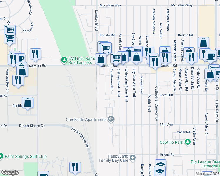 map of restaurants, bars, coffee shops, grocery stores, and more near 32505 Candlewood Drive in Cathedral City