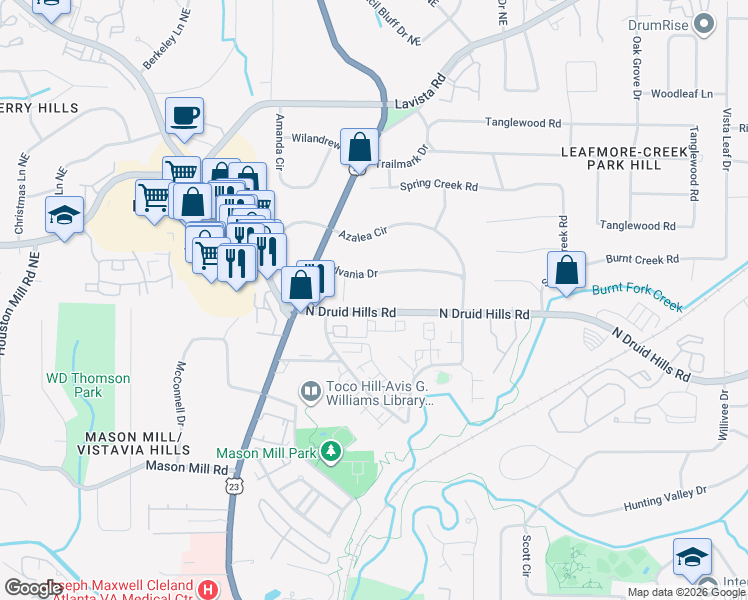 map of restaurants, bars, coffee shops, grocery stores, and more near 3130 North Druid Hills Road in Decatur