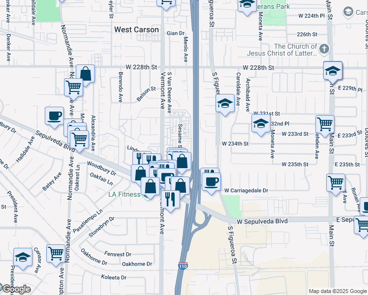 map of restaurants, bars, coffee shops, grocery stores, and more near 23314 Sesame Street in Torrance